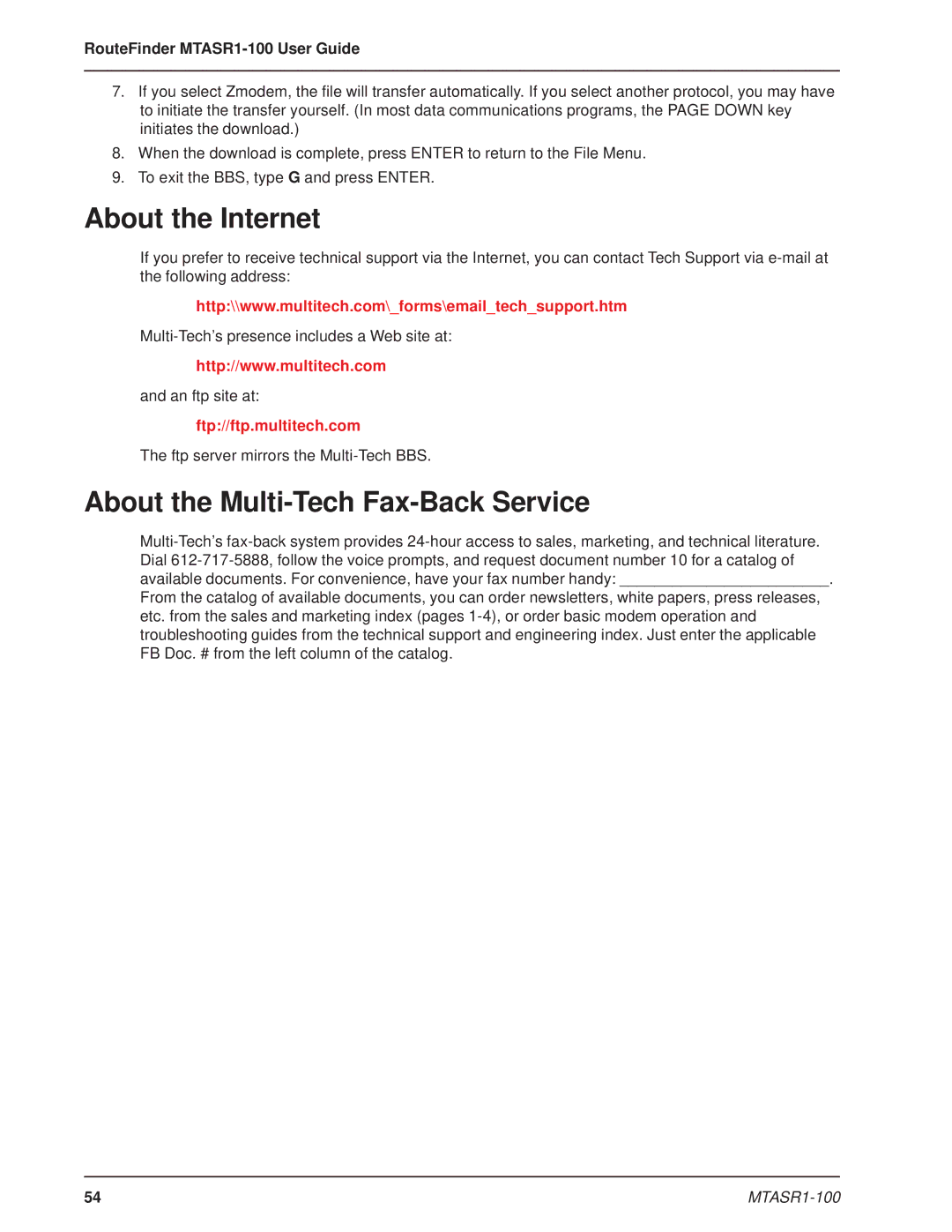 Multi-Tech Systems MTASR1-100 manual About the Internet, About the Multi-Tech Fax-Back Service 