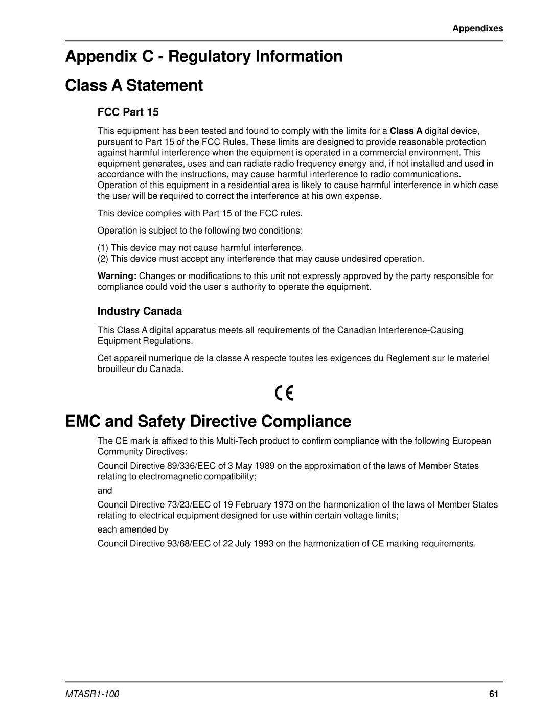 Multi-Tech Systems MTASR1-100 Appendix C Regulatory Information Class a Statement, EMC and Safety Directive Compliance 