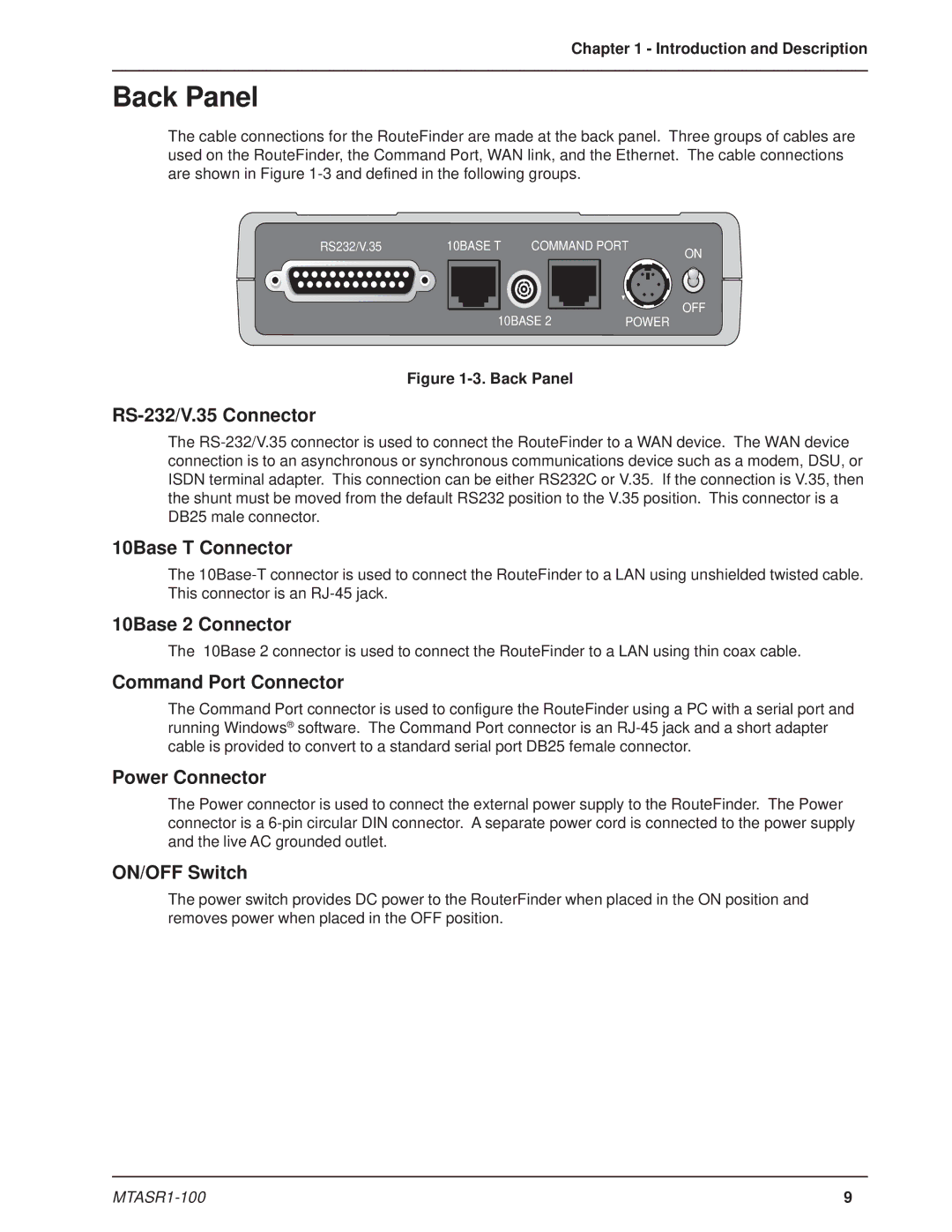 Multi-Tech Systems MTASR1-100 manual Back Panel 