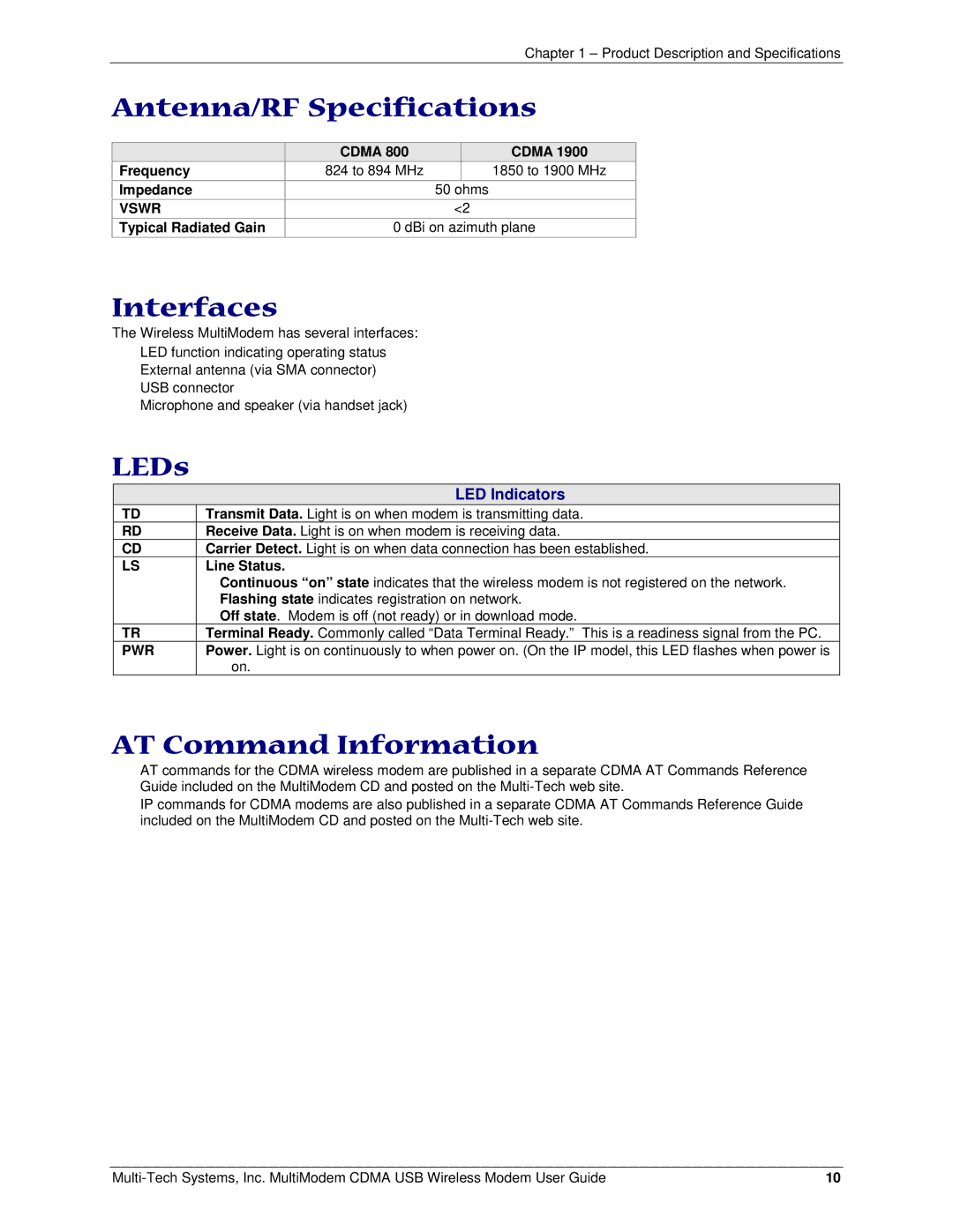 Multi-Tech Systems MTCBA-C-U manual Antenna/RF Specifications, Interfaces, LEDs, AT Command Information 