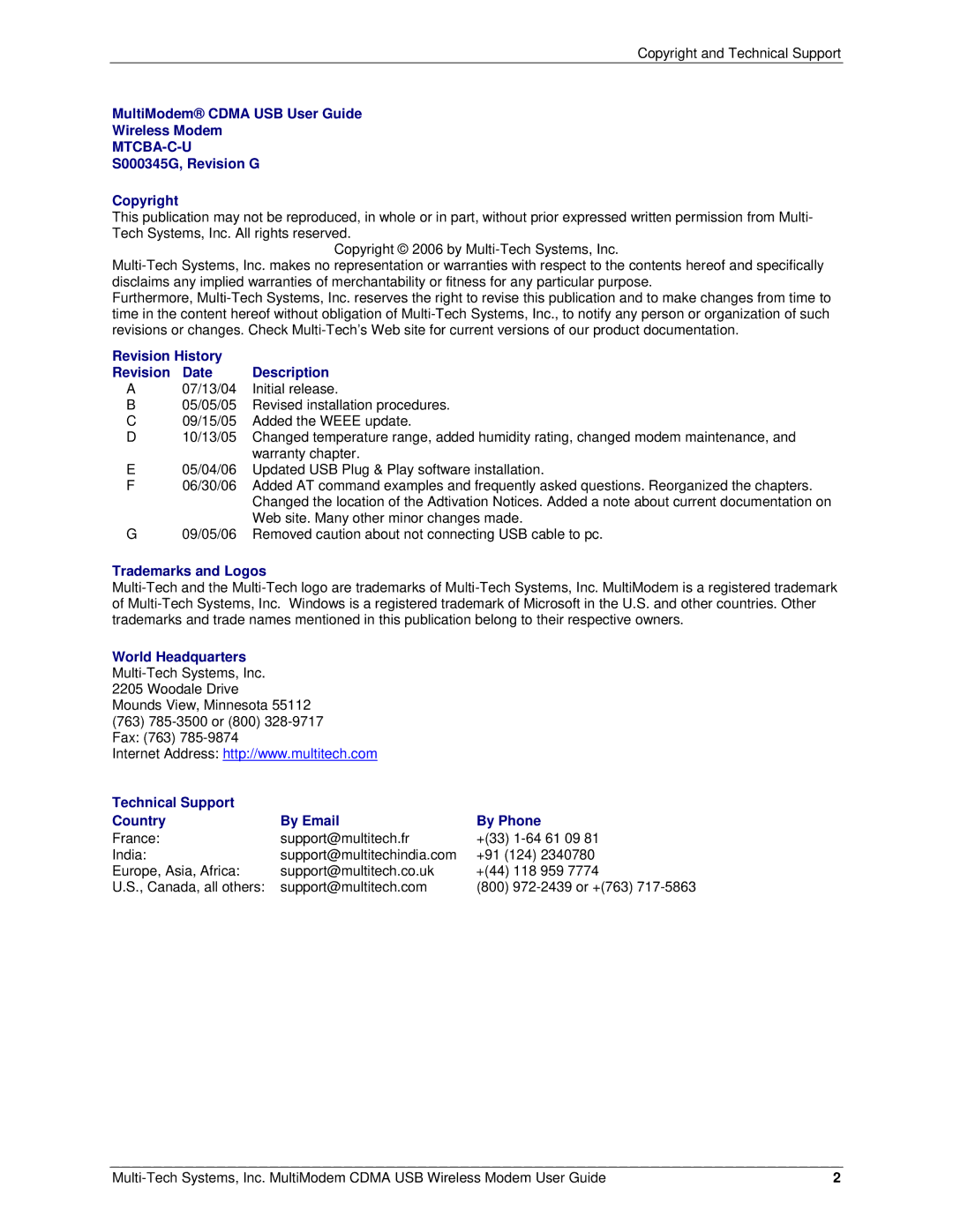 Multi-Tech Systems MTCBA-C-U manual MultiModem Cdma USB User Guide Wireless Modem, S000345G, Revision G Copyright 