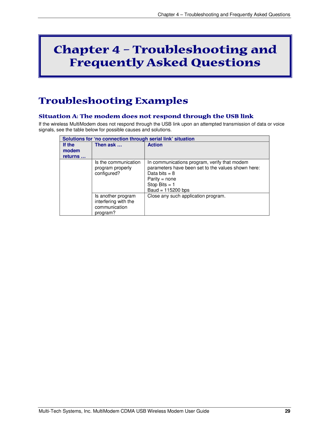 Multi-Tech Systems MTCBA-C-U manual Troubleshooting Frequently Asked Questions, Troubleshooting Examples 