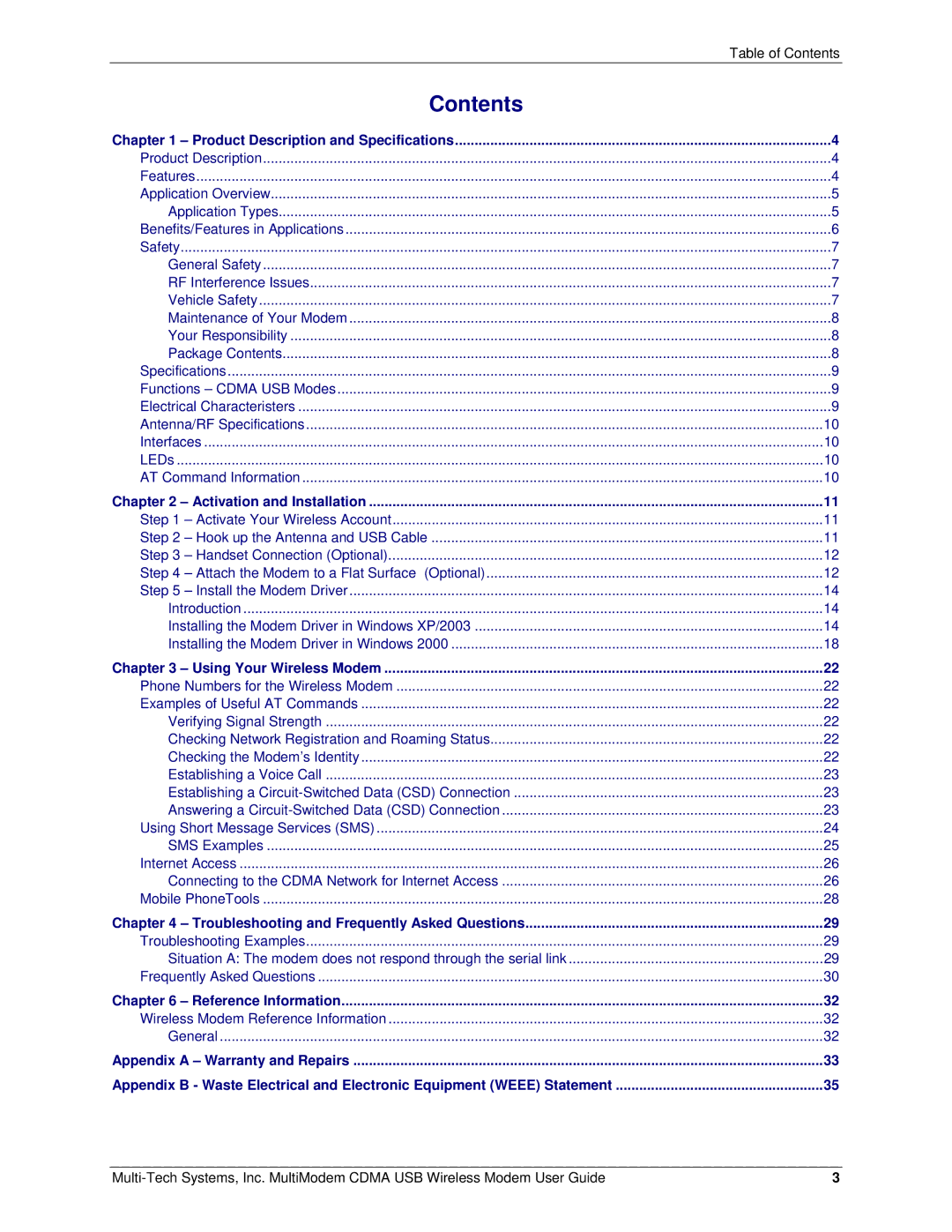 Multi-Tech Systems MTCBA-C-U manual Contents 