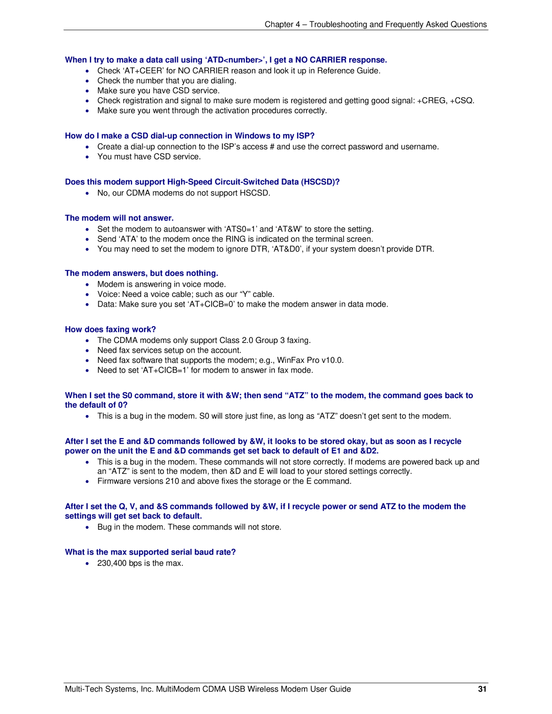 Multi-Tech Systems MTCBA-C-U manual Modem will not answer, Modem answers, but does nothing, How does faxing work? 