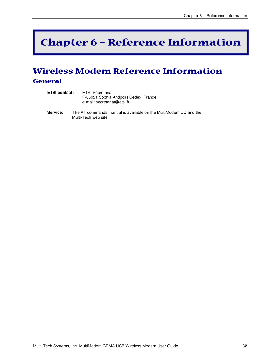 Multi-Tech Systems MTCBA-C-U manual Wireless Modem Reference Information, General, Etsi contact 