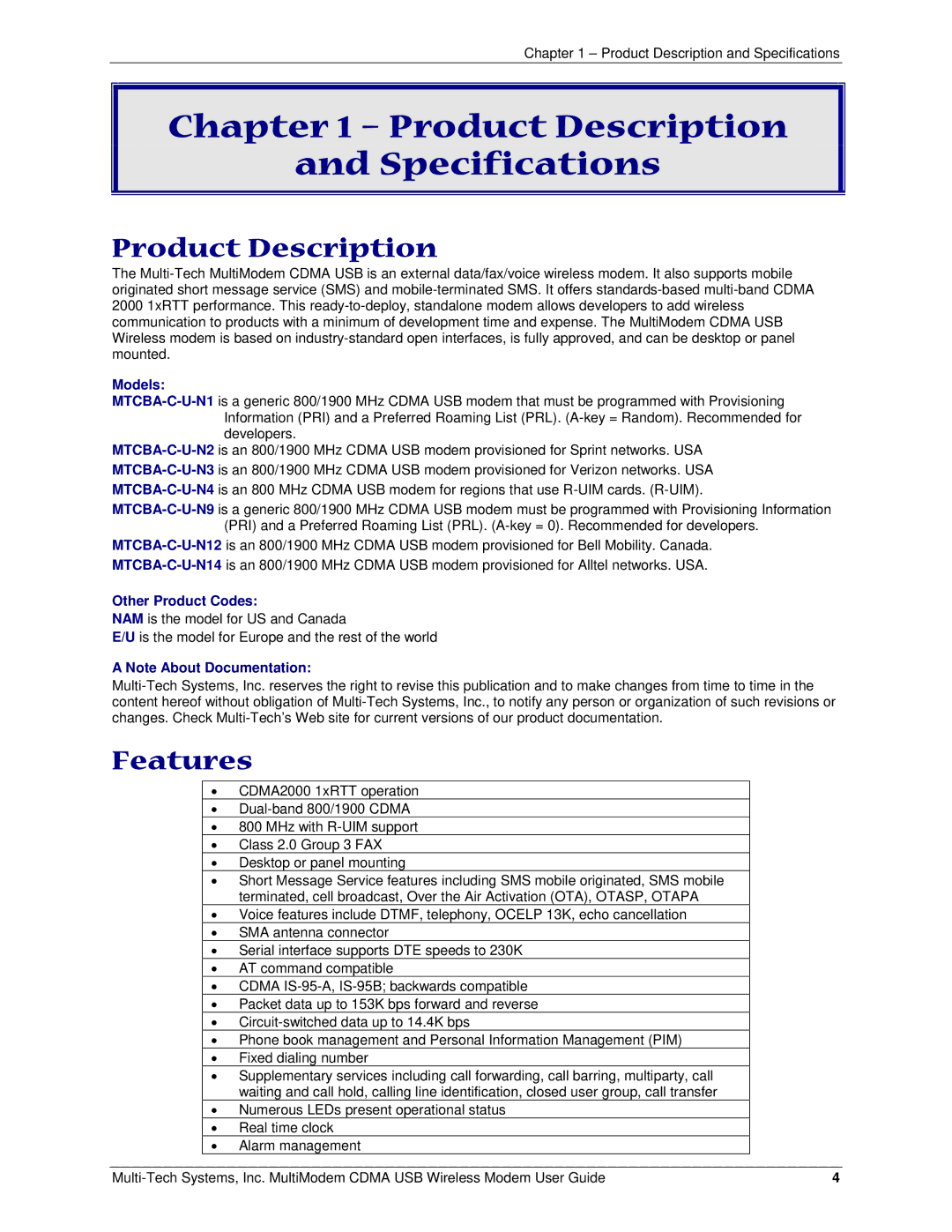 Multi-Tech Systems MTCBA-C-U manual Product Description Specifications, Features, Models, Other Product Codes 