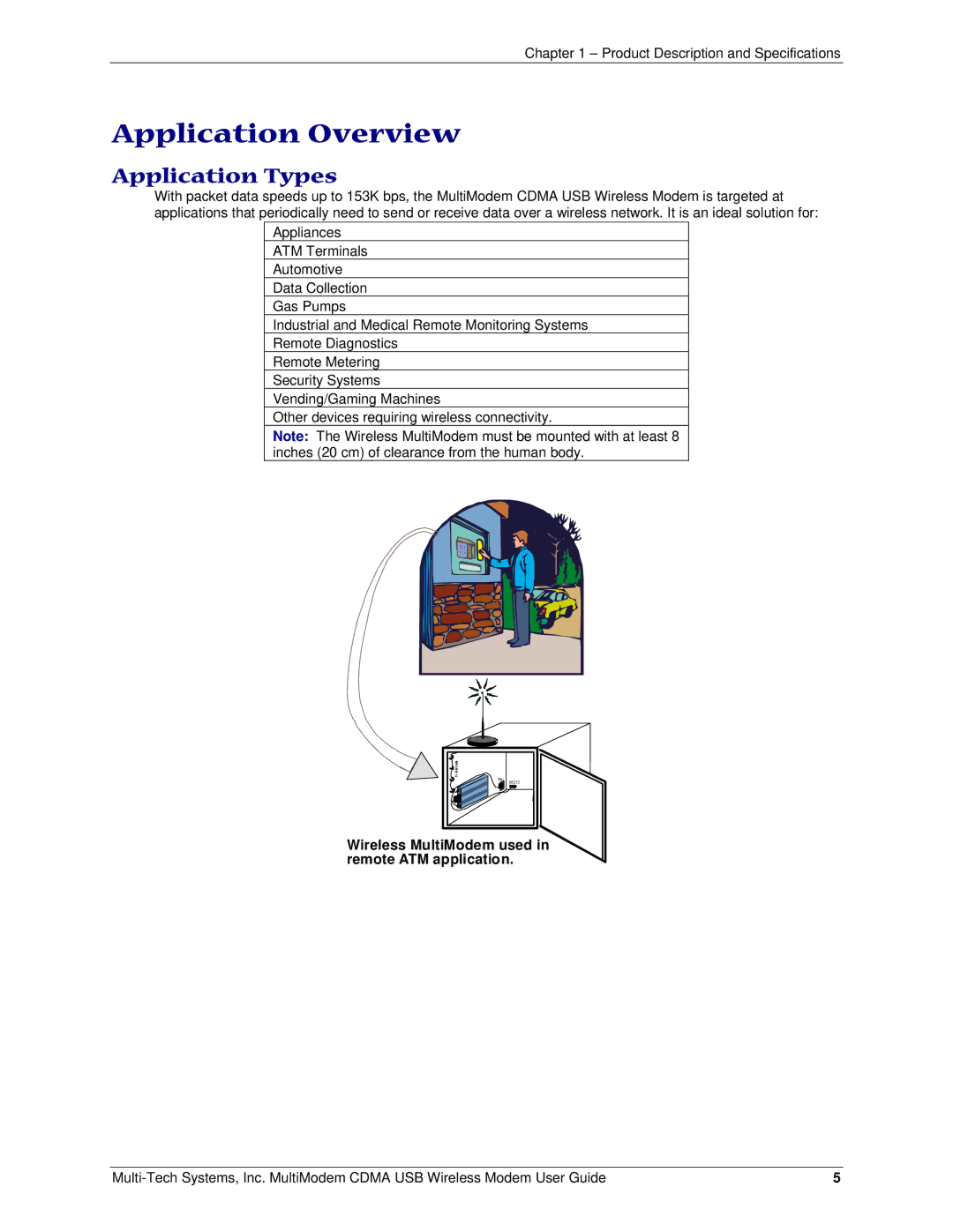 Multi-Tech Systems MTCBA-C-U Application Overview, Application Types, Wireless MultiModem used in remote ATM application 