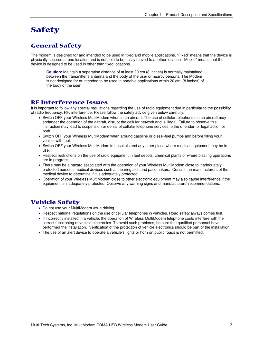 Multi-Tech Systems MTCBA-C-U manual General Safety, RF Interference Issues, Vehicle Safety 