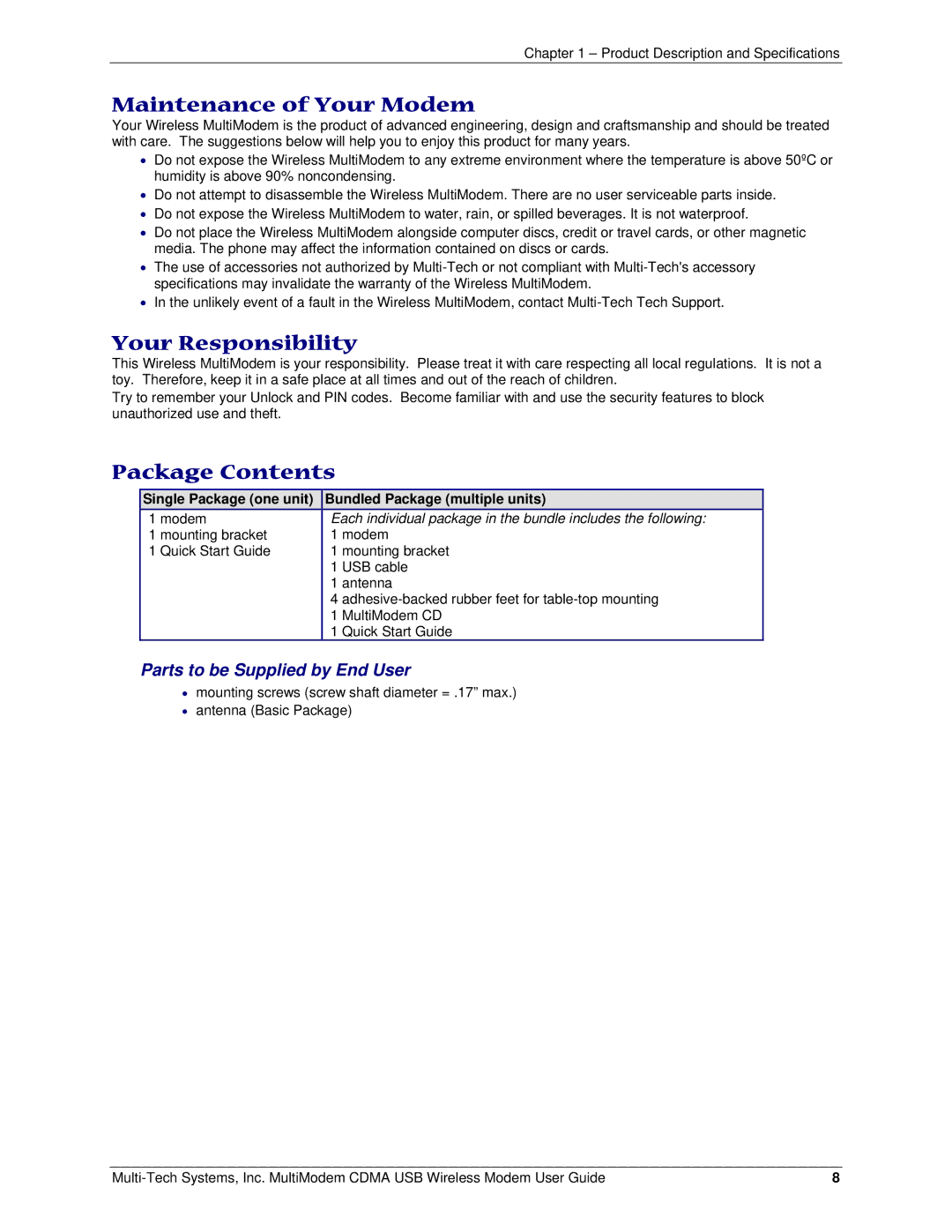 Multi-Tech Systems MTCBA-C-U manual Maintenance of Your Modem, Your Responsibility, Package Contents 