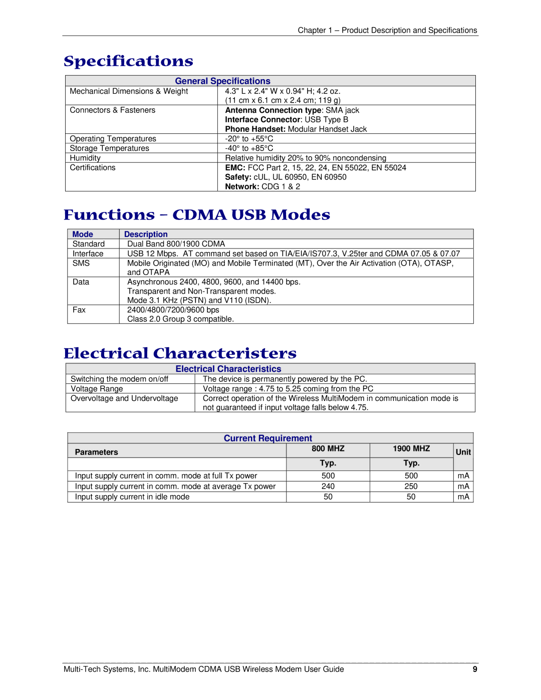 Multi-Tech Systems MTCBA-C-U manual Specifications, Functions Cdma USB Modes, Electrical Characteristers, Mode Description 