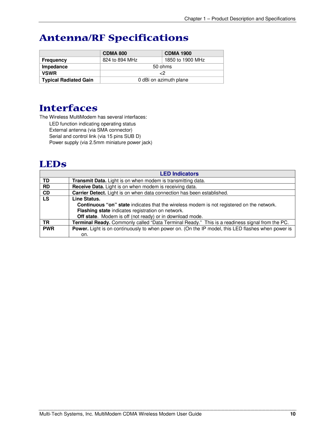 Multi-Tech Systems MTCBA-C manual Antenna/RF Specifications, Interfaces, LEDs 