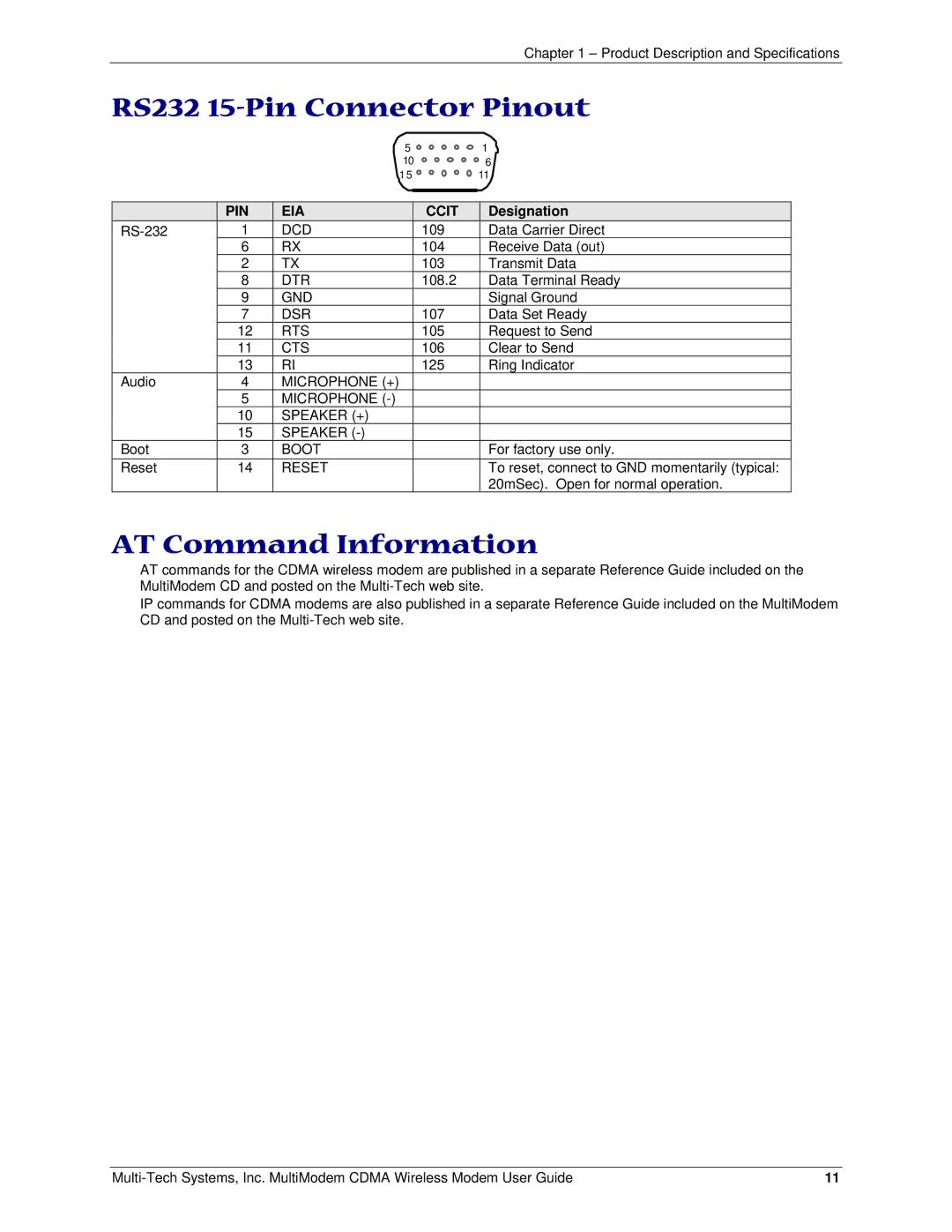 Multi-Tech Systems MTCBA-C manual RS232 15-Pin Connector Pinout, AT Command Information, Designation 