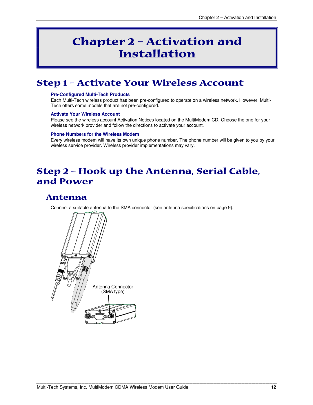 Multi-Tech Systems MTCBA-C manual Activation Installation, Activate Your Wireless Account 