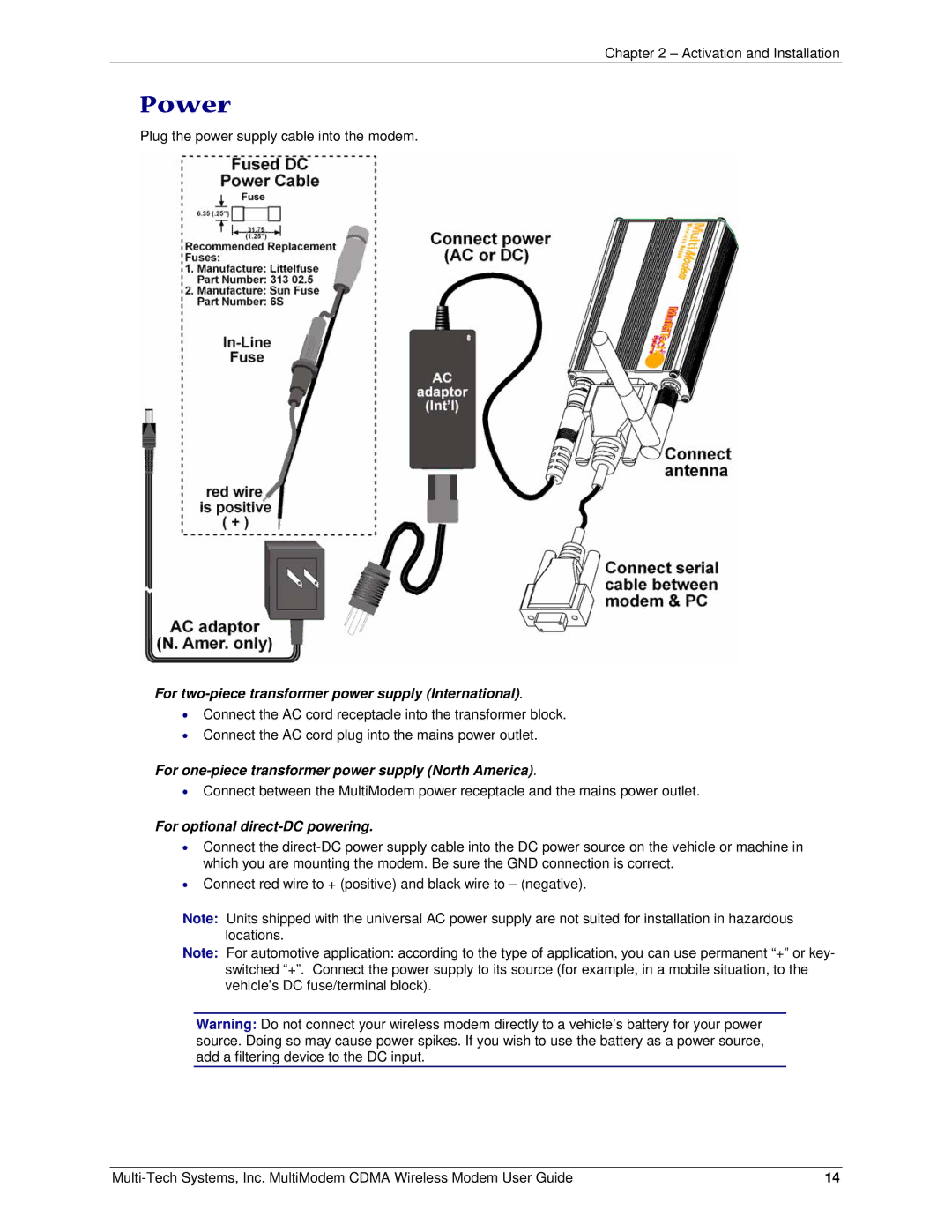 Multi-Tech Systems MTCBA-C manual Power 