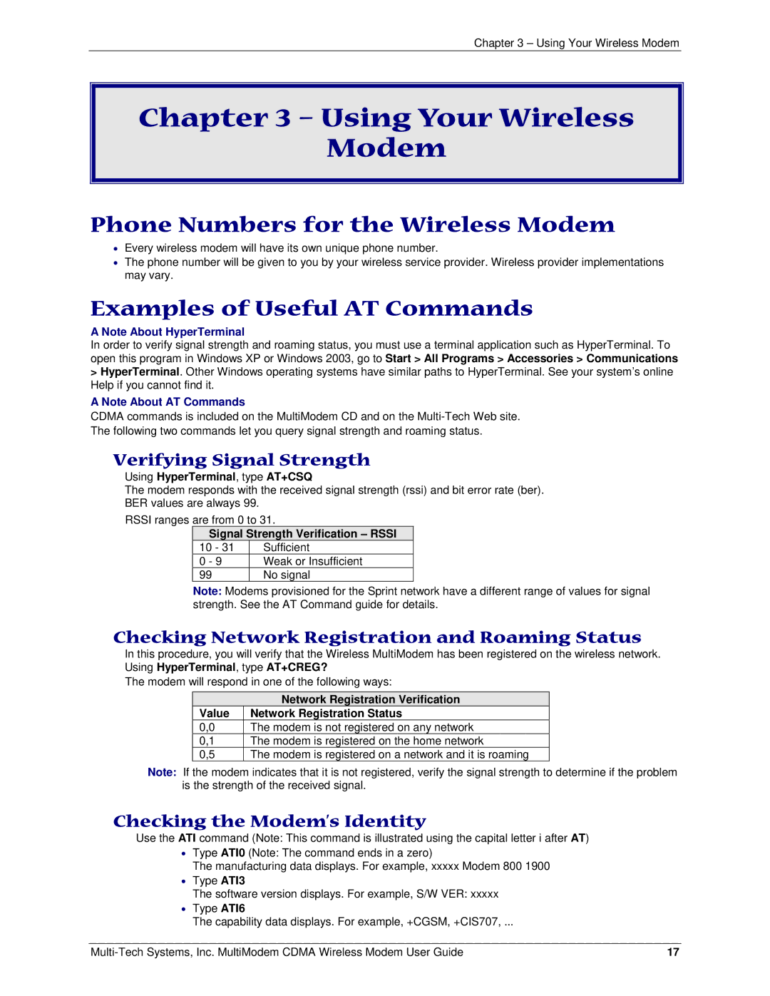 Multi-Tech Systems MTCBA-C Using Your Wireless Modem, Phone Numbers for the Wireless Modem, Examples of Useful AT Commands 