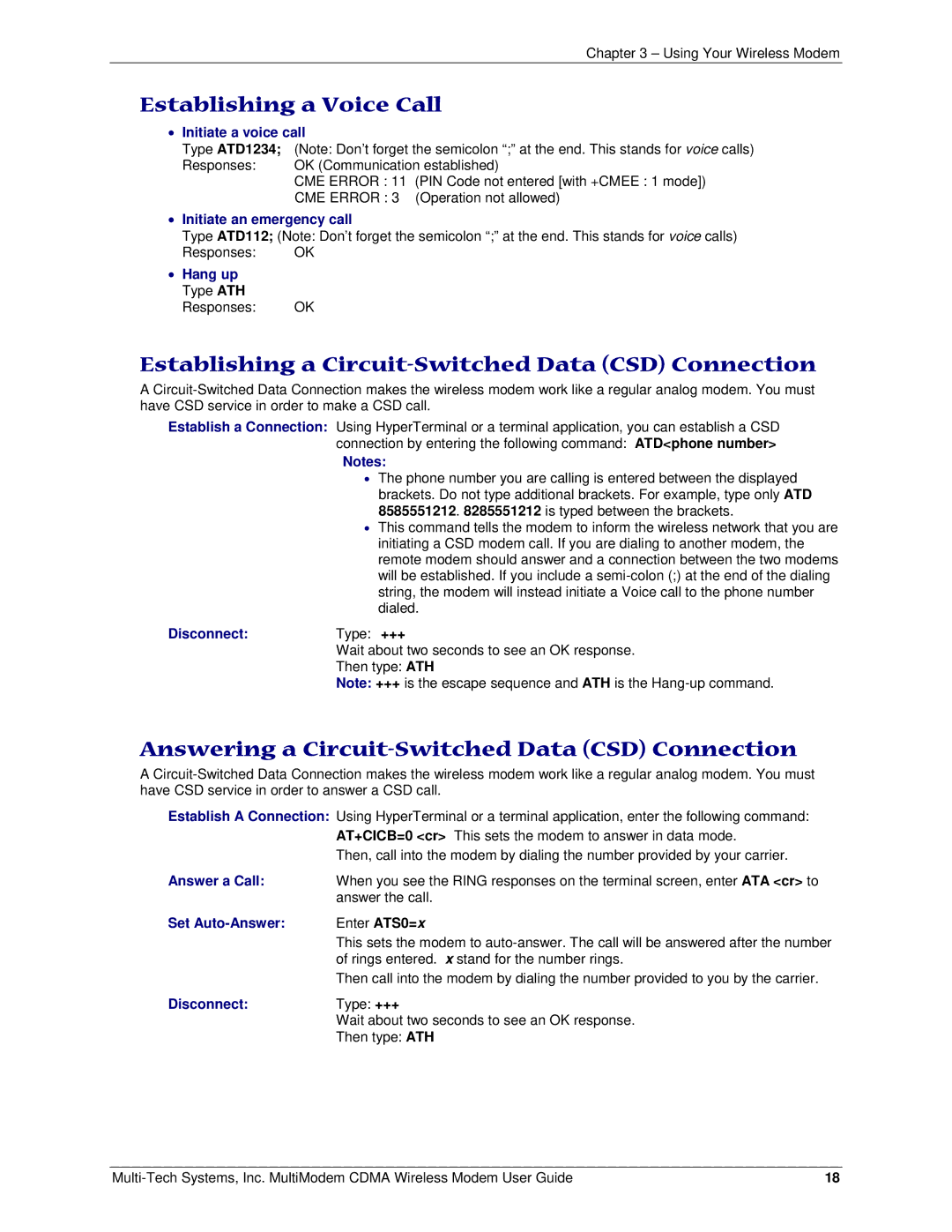 Multi-Tech Systems MTCBA-C manual Establishing a Voice Call, Establishing a Circuit-Switched Data CSD Connection 