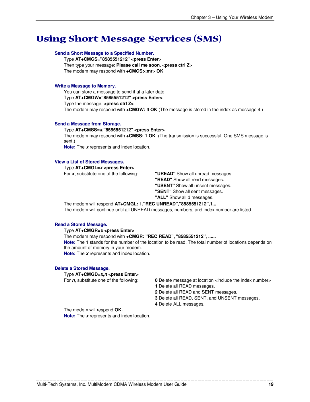 Multi-Tech Systems MTCBA-C manual Using Short Message Services SMS 