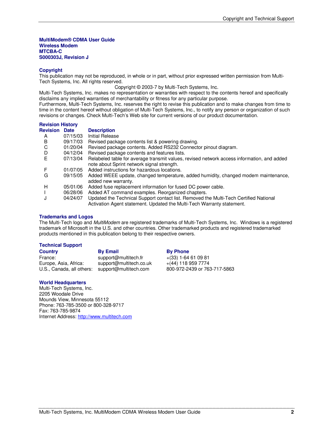 Multi-Tech Systems MTCBA-C MultiModem Cdma User Guide Wireless Modem, S000303J, Revision J Copyright, Trademarks and Logos 