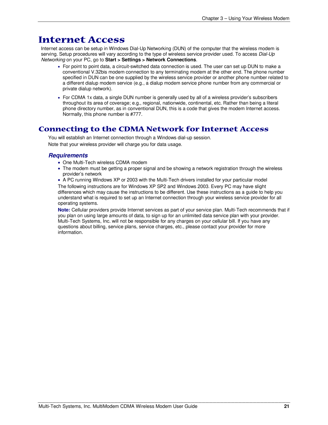 Multi-Tech Systems MTCBA-C manual Connecting to the Cdma Network for Internet Access 