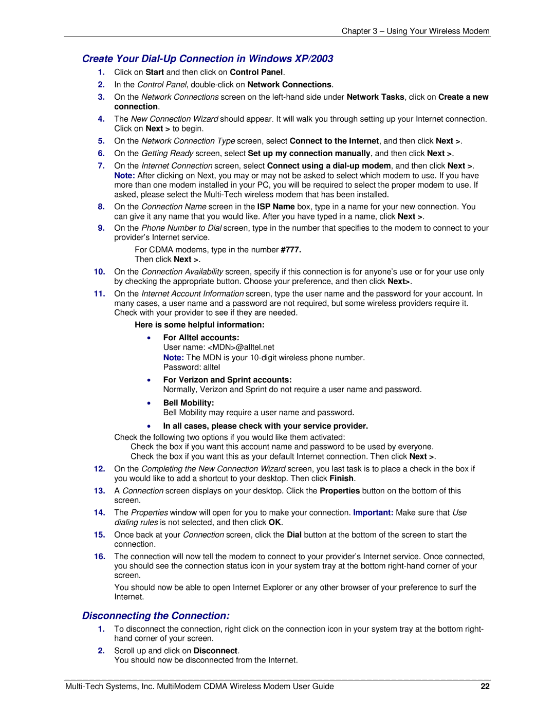 Multi-Tech Systems MTCBA-C manual Create Your Dial-Up Connection in Windows XP/2003, Disconnecting the Connection 