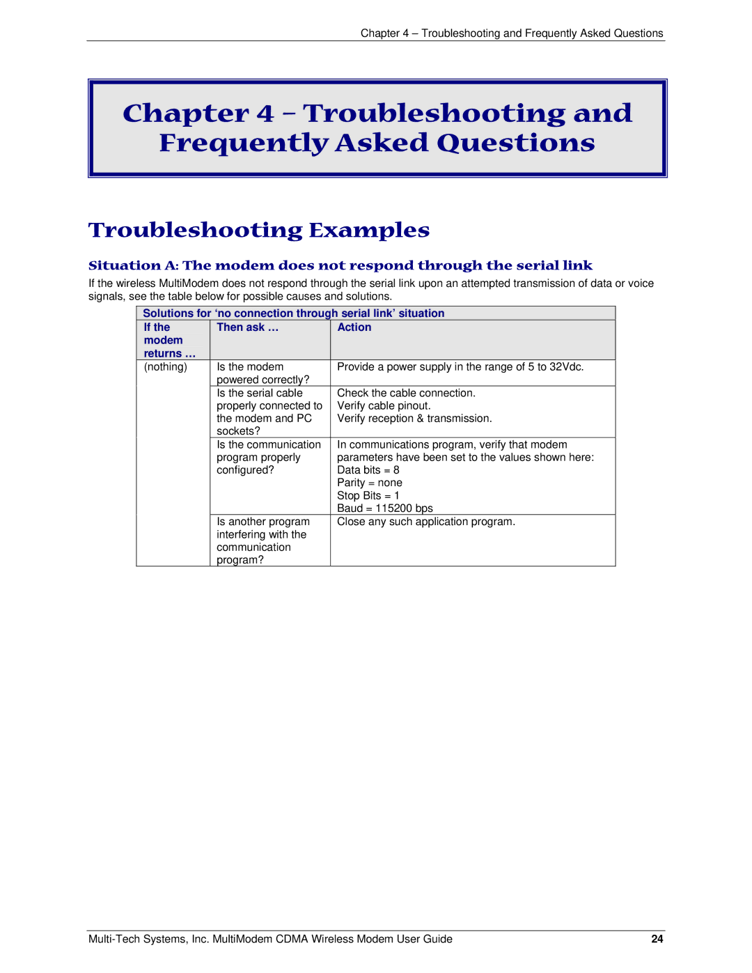 Multi-Tech Systems MTCBA-C manual Troubleshooting Frequently Asked Questions, Troubleshooting Examples 