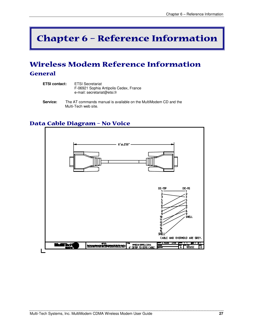 Multi-Tech Systems MTCBA-C Wireless Modem Reference Information, General, Data Cable Diagram No Voice, Etsi contact 