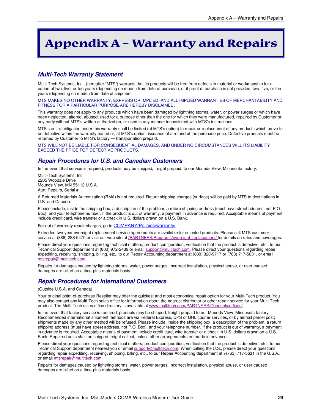 Multi-Tech Systems MTCBA-C manual Appendix a Warranty and Repairs, Multi-Tech Warranty Statement 