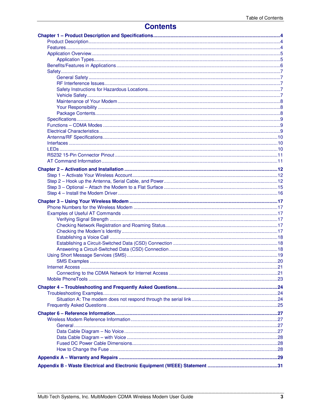 Multi-Tech Systems MTCBA-C manual Contents 