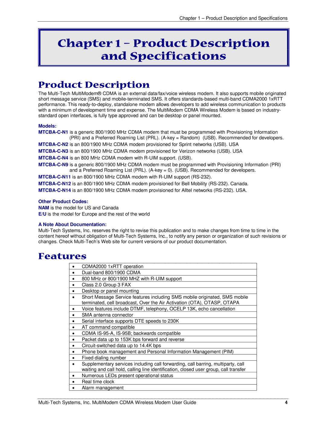 Multi-Tech Systems MTCBA-C manual Product Description Specifications, Features, Models, Other Product Codes 