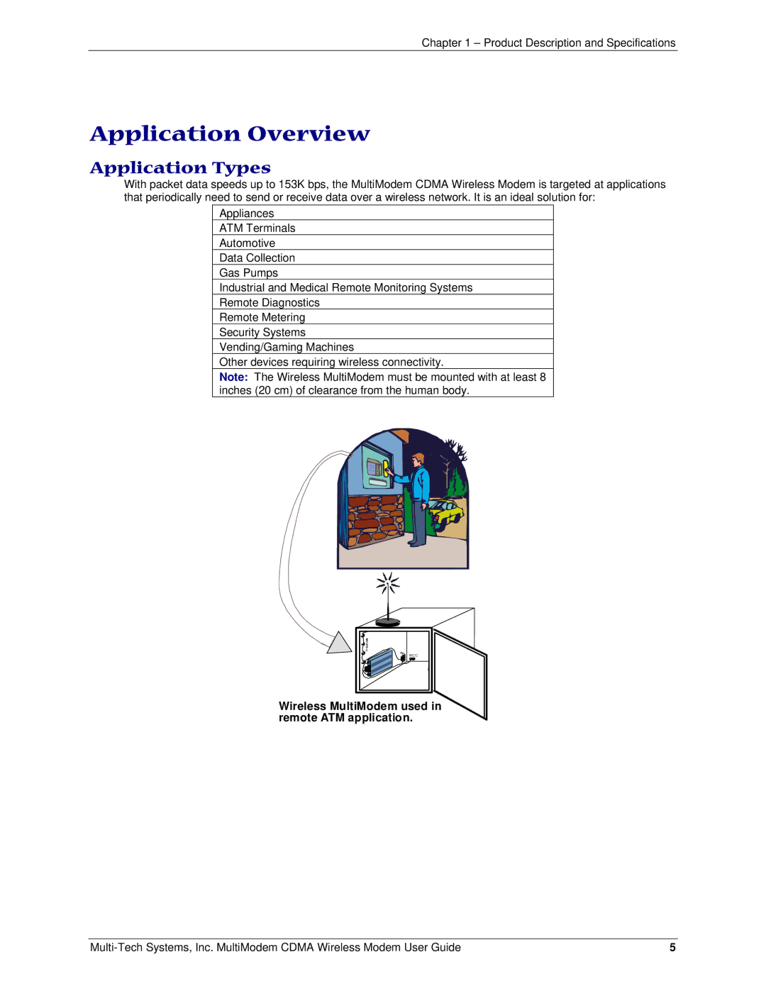 Multi-Tech Systems MTCBA-C Application Overview, Application Types, Wireless MultiModem used in remote ATM application 