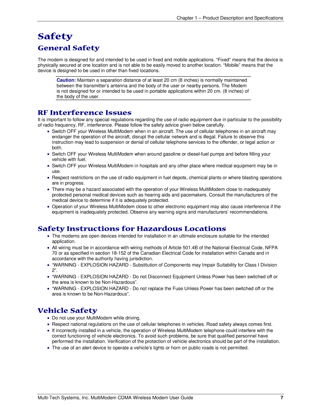 Multi-Tech Systems MTCBA-C manual General Safety, RF Interference Issues, Safety Instructions for Hazardous Locations 