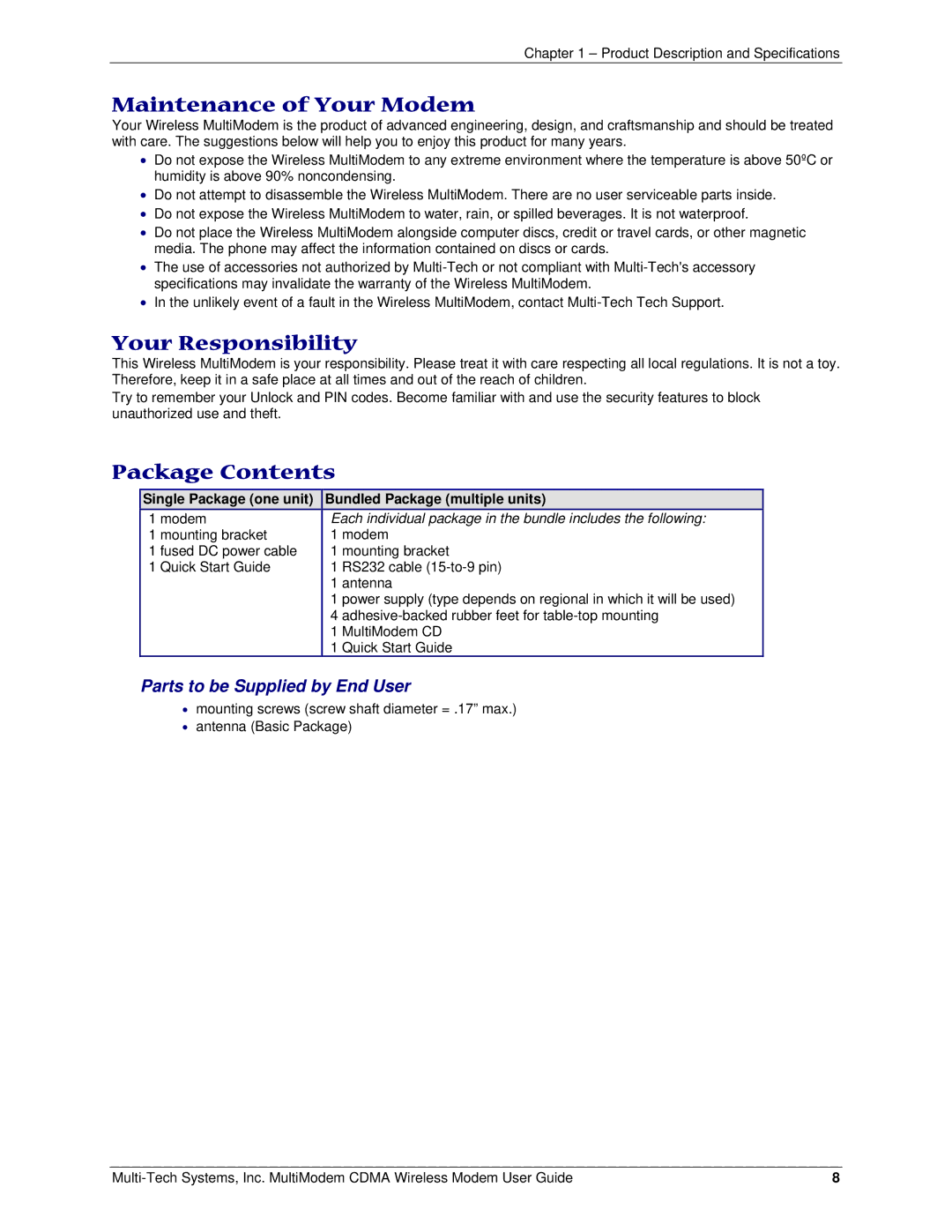 Multi-Tech Systems MTCBA-C manual Maintenance of Your Modem, Your Responsibility, Package Contents 