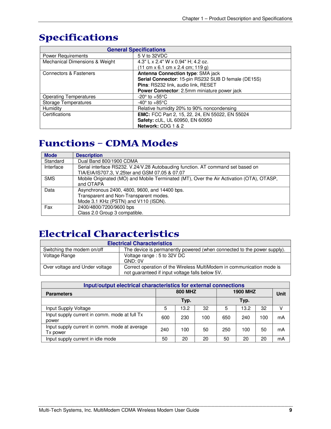 Multi-Tech Systems MTCBA-C manual Specifications, Functions Cdma Modes, Electrical Characteristics, Mode Description 