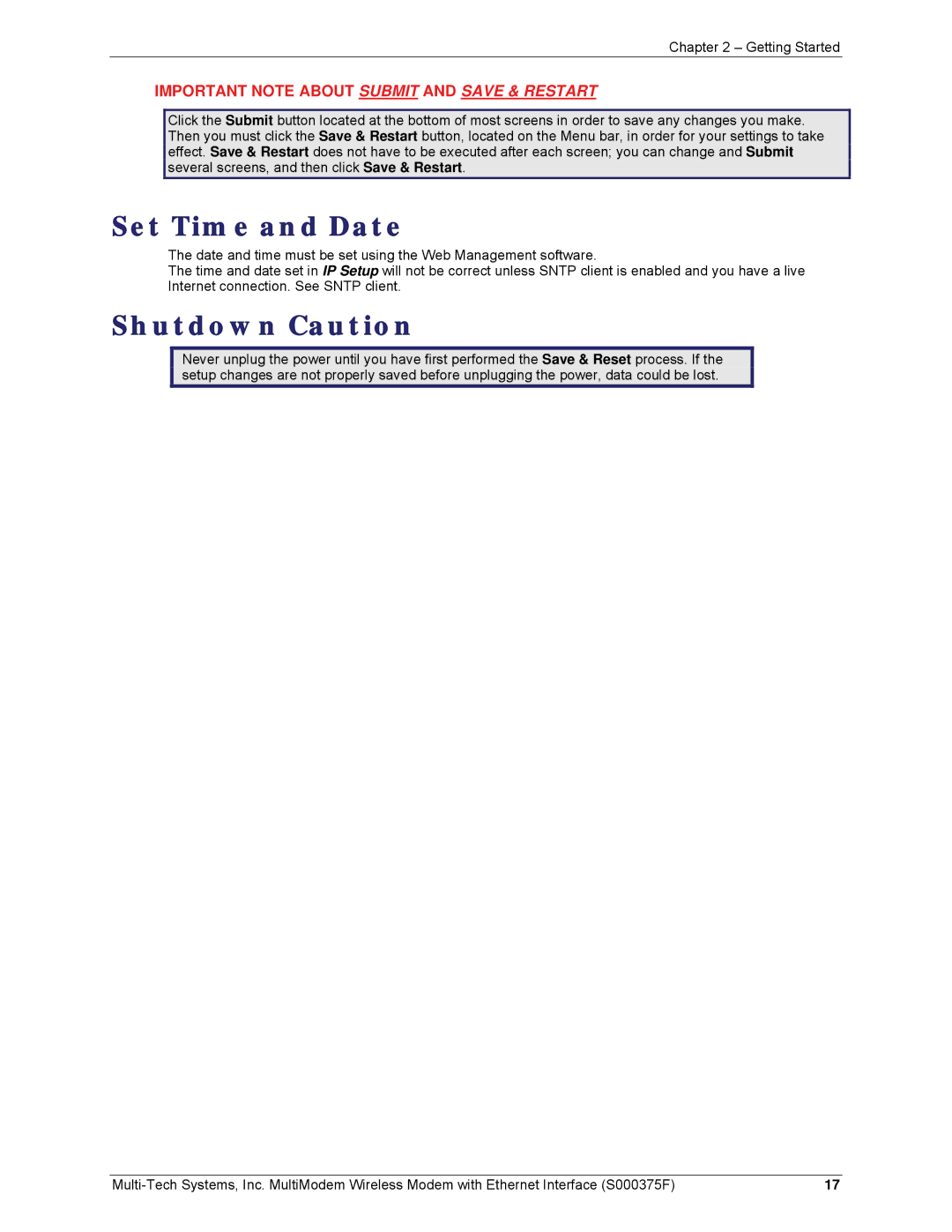 Multi-Tech Systems MTCBA-G-EN-FX, MTCBA-E-EN, MTCBA-C-EN-NX manual Set Time and Date, Shutdown Caution 