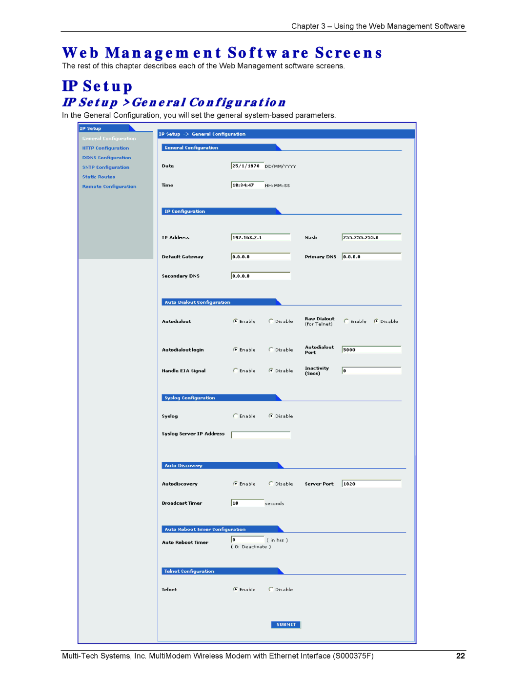 Multi-Tech Systems MTCBA-C-EN-NX, MTCBA-E-EN, MTCBA-G-EN-FX manual Web Management Software Screens, IP Setup 