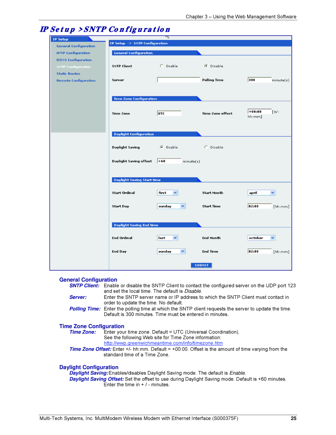 Multi-Tech Systems MTCBA-C-EN-NX, MTCBA-E-EN, MTCBA-G-EN-FX manual Time Zone Configuration, Daylight Configuration 