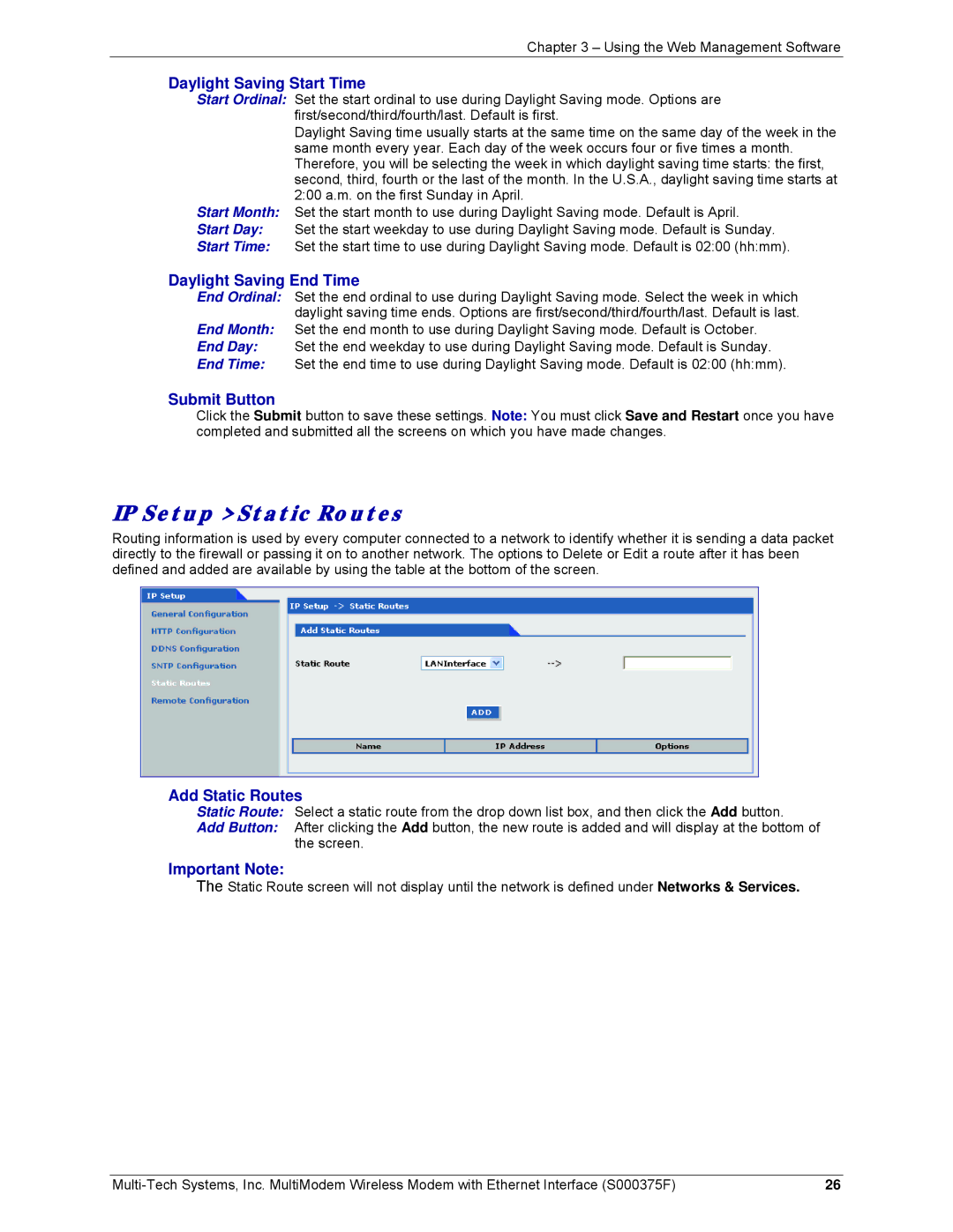 Multi-Tech Systems MTCBA-G-EN-FX Daylight Saving Start Time, Daylight Saving End Time, Add Static Routes, Important Note 