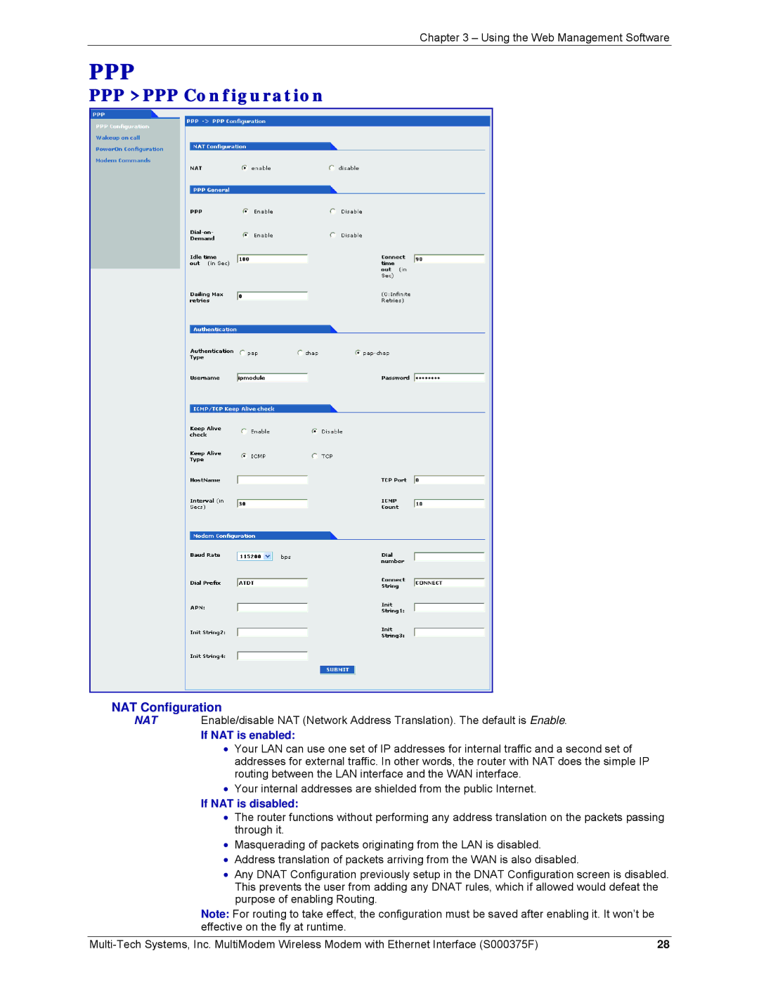 Multi-Tech Systems MTCBA-C-EN-NX manual PPP PPP Configuration, NAT Configuration, If NAT is enabled, If NAT is disabled 