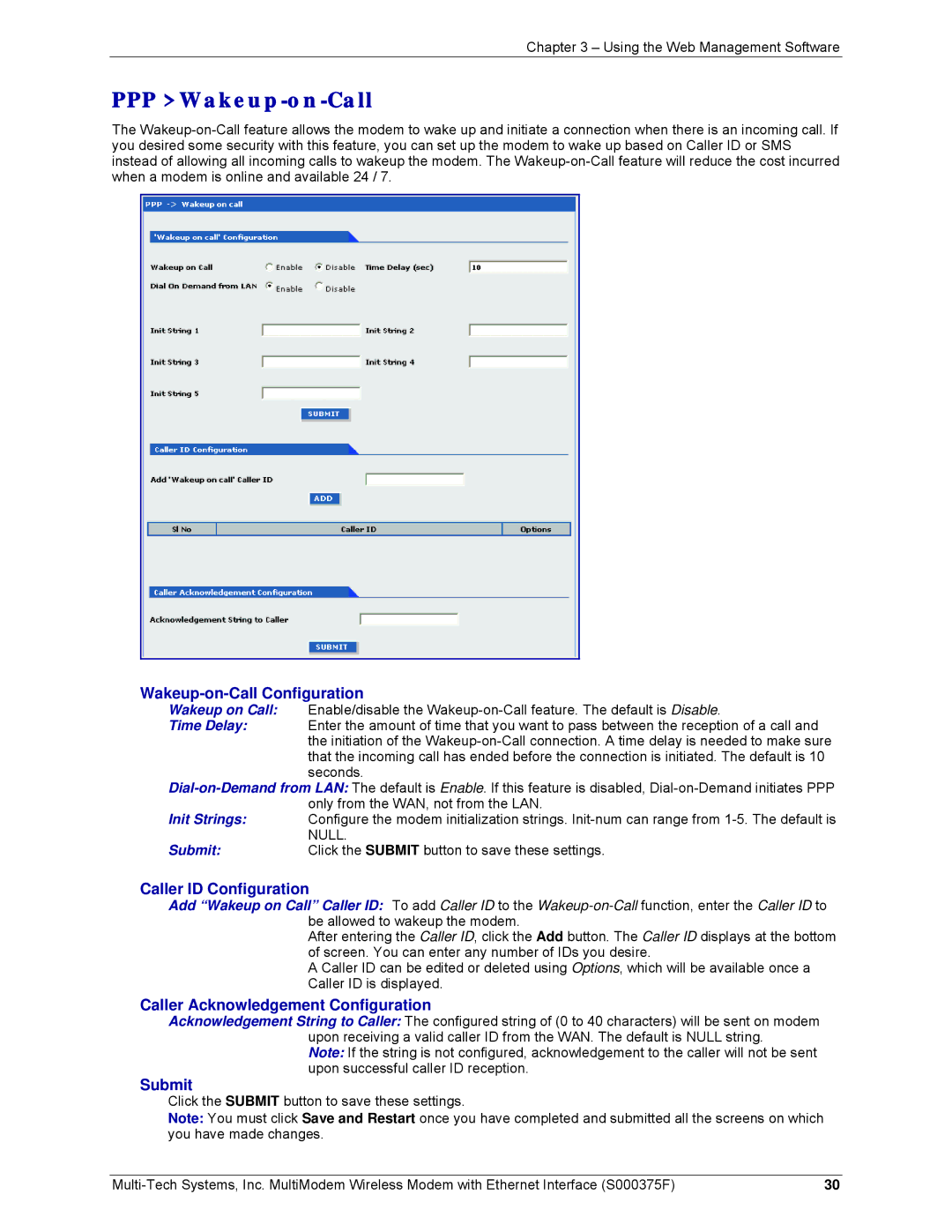 Multi-Tech Systems MTCBA-E-EN, MTCBA-C-EN-NX PPP Wakeup-on-Call, Wakeup-on-Call Configuration, Caller ID Configuration 