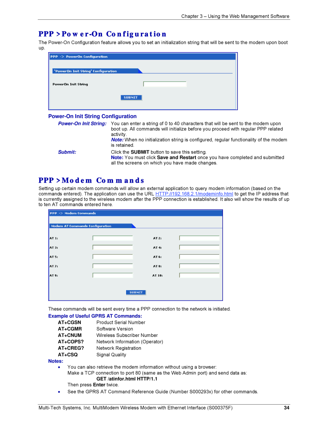 Multi-Tech Systems MTCBA-C-EN-NX manual PPP Power-On Configuration, PPP Modem Commands, Power-On Init String Configuration 