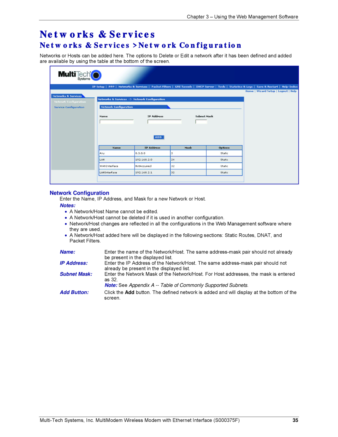 Multi-Tech Systems MTCBA-G-EN-FX, MTCBA-E-EN, MTCBA-C-EN-NX manual Networks & Services Network Configuration 