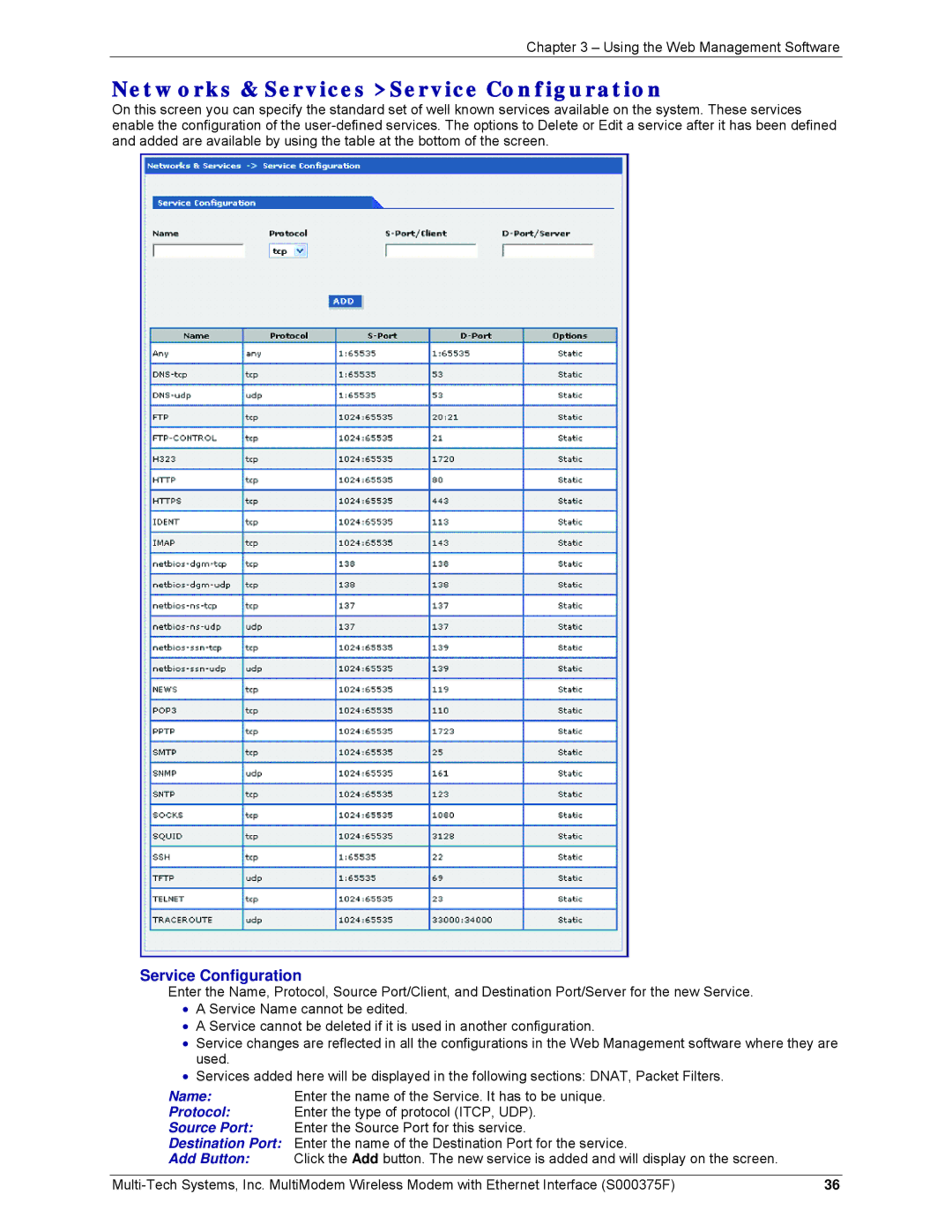 Multi-Tech Systems MTCBA-E-EN, MTCBA-C-EN-NX, MTCBA-G-EN-FX manual Networks & Services Service Configuration 