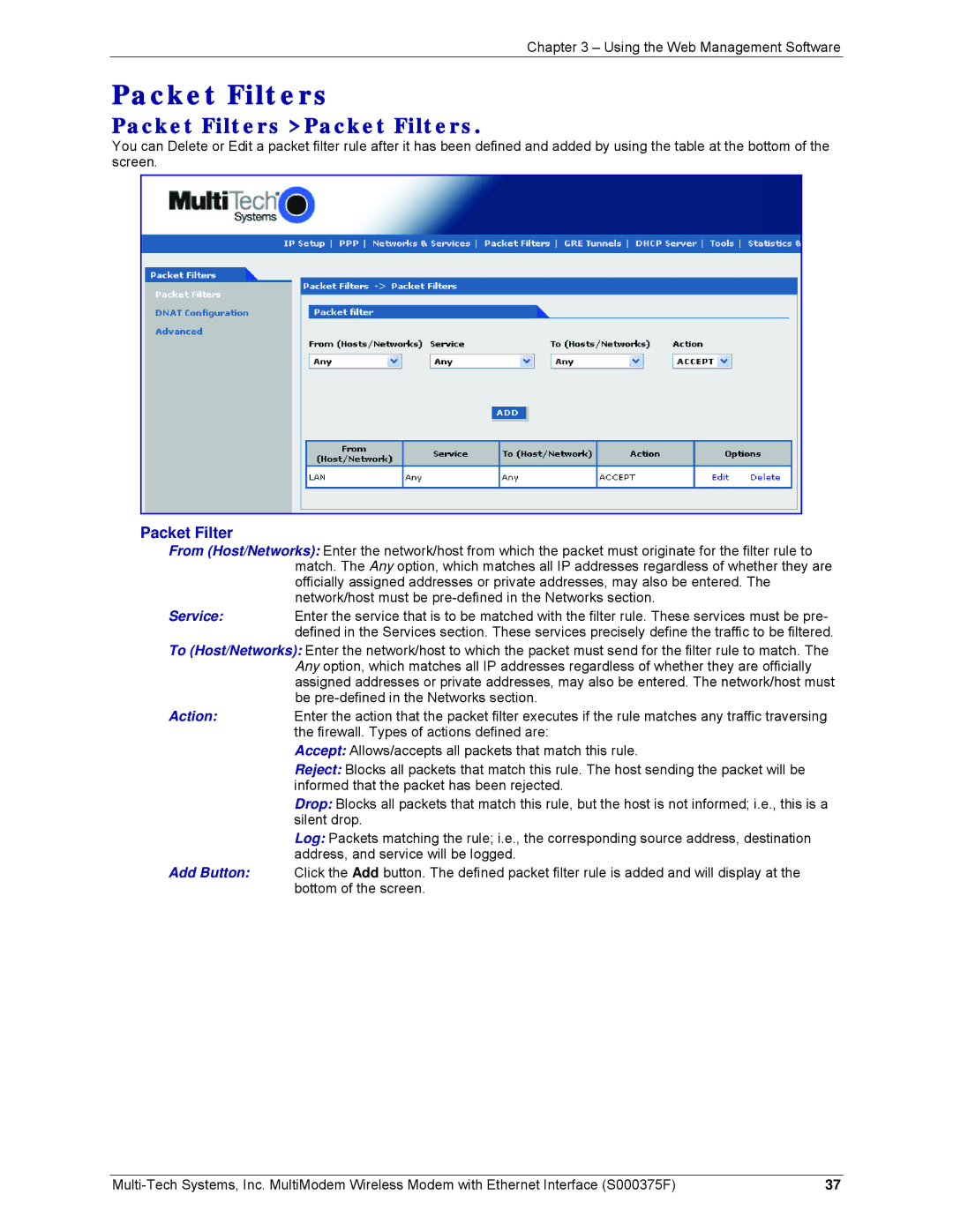 Multi-Tech Systems MTCBA-C-EN-NX, MTCBA-E-EN, MTCBA-G-EN-FX manual Packet Filters Packet Filters 