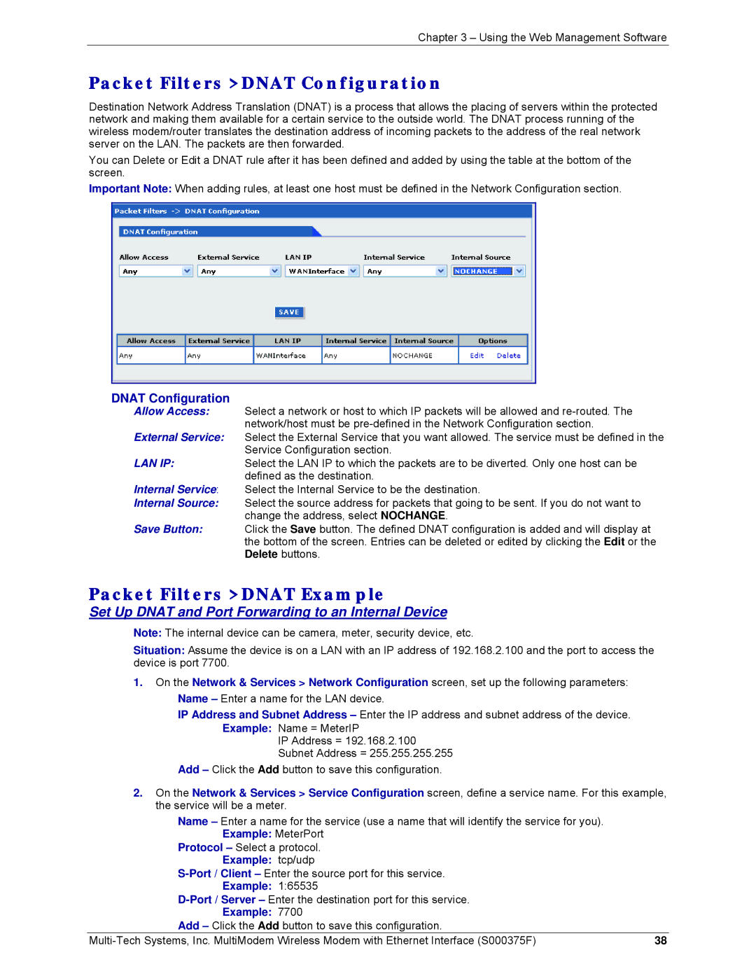 Multi-Tech Systems MTCBA-G-EN-FX, MTCBA-E-EN, MTCBA-C-EN-NX Packet Filters Dnat Configuration, Packet Filters Dnat Example 