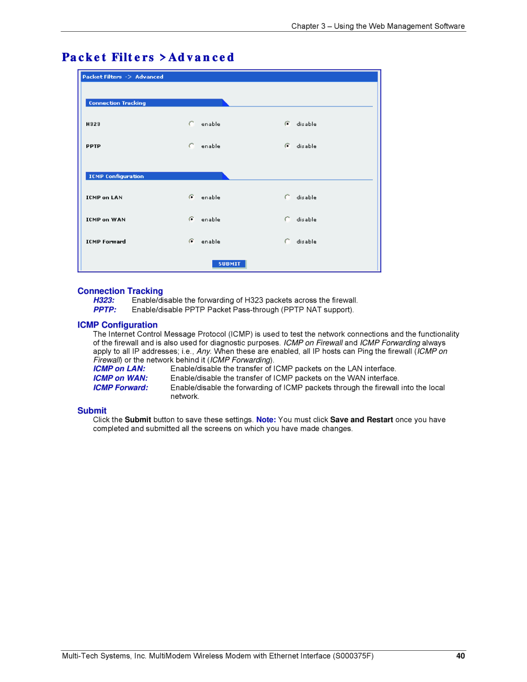 Multi-Tech Systems MTCBA-C-EN-NX, MTCBA-E-EN manual Packet Filters Advanced, Connection Tracking, Icmp Configuration 