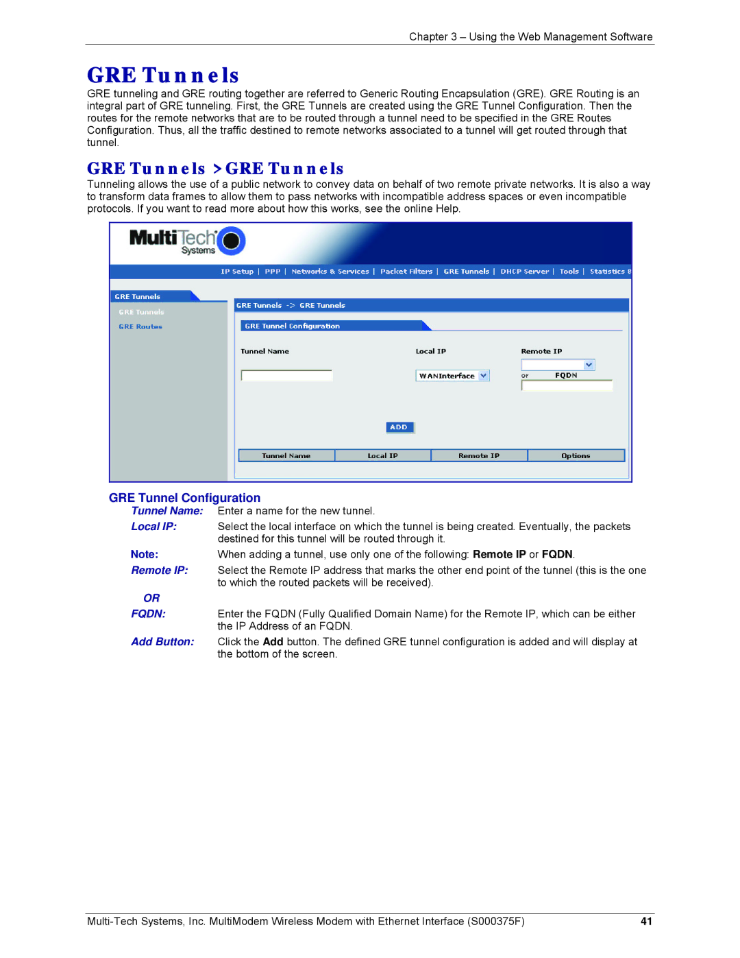 Multi-Tech Systems MTCBA-G-EN-FX, MTCBA-E-EN, MTCBA-C-EN-NX manual GRE Tunnels GRE Tunnels, GRE Tunnel Configuration 