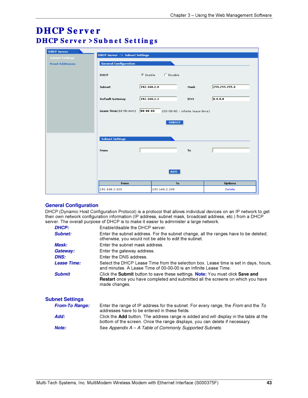 Multi-Tech Systems MTCBA-C-EN-NX, MTCBA-E-EN, MTCBA-G-EN-FX manual Dhcp Server Subnet Settings 