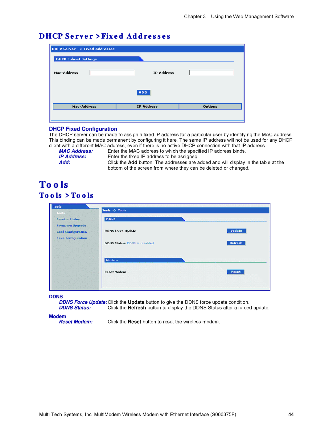 Multi-Tech Systems MTCBA-G-EN-FX, MTCBA-E-EN Dhcp Server Fixed Addresses, Tools Tools, Dhcp Fixed Configuration, Modem 