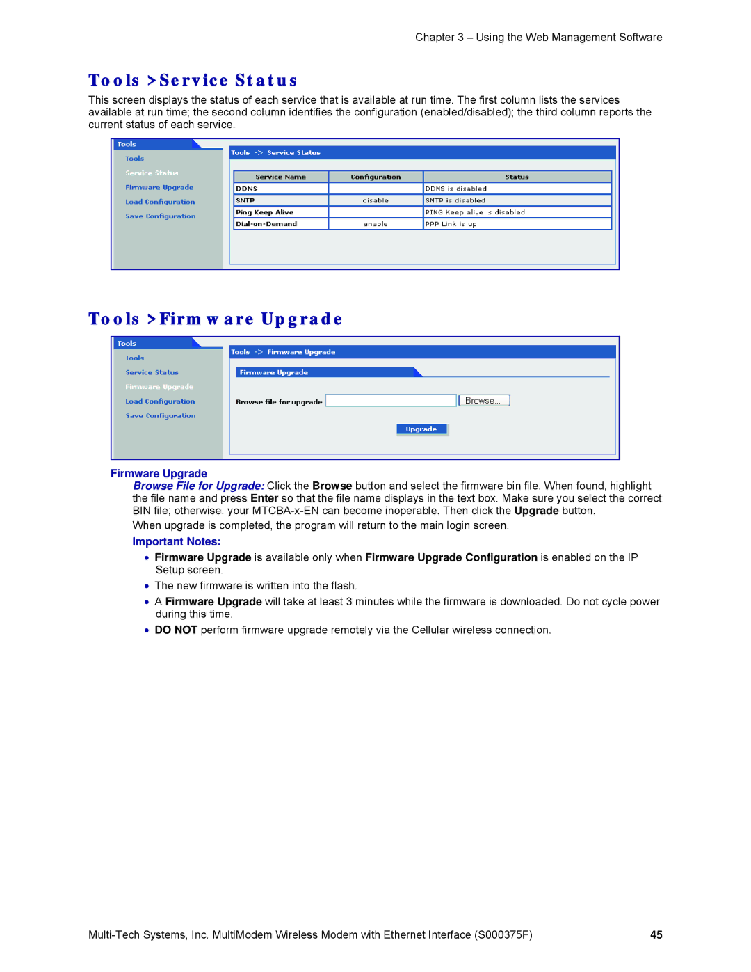 Multi-Tech Systems MTCBA-E-EN, MTCBA-C-EN-NX, MTCBA-G-EN-FX Tools Service Status, Tools Firmware Upgrade, Important Notes 