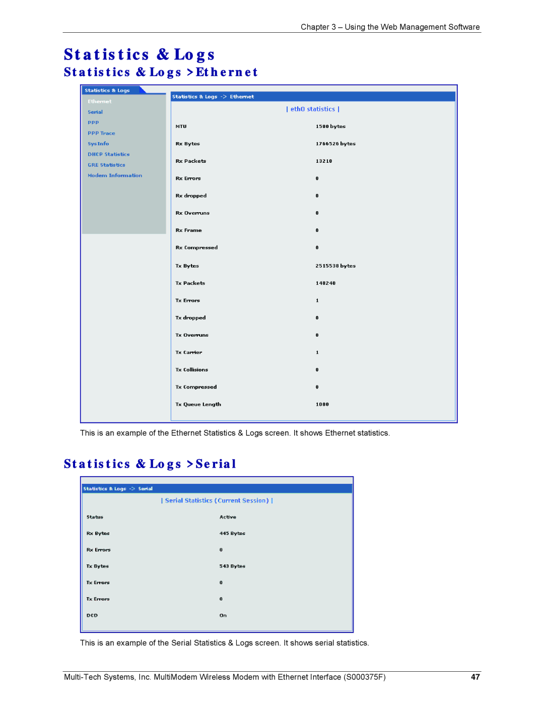 Multi-Tech Systems MTCBA-G-EN-FX, MTCBA-E-EN, MTCBA-C-EN-NX manual Statistics & Logs Ethernet, Statistics & Logs Serial 